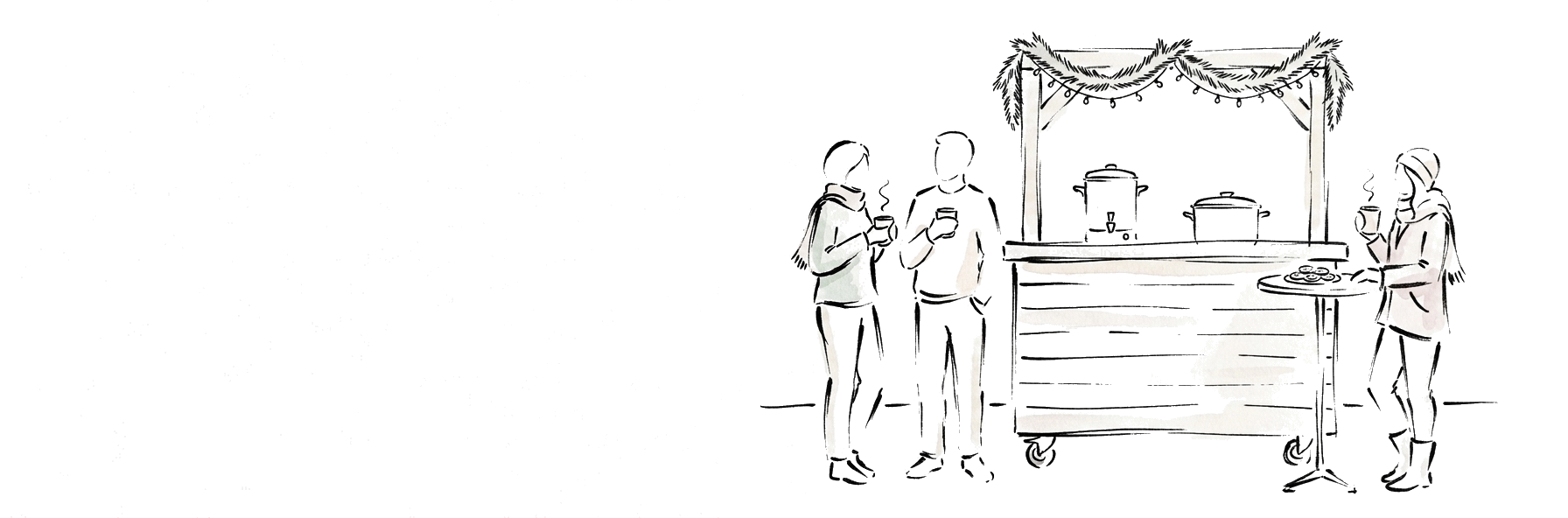Freigegebene Tuscheillustration mit Menschen an der mobilen Holzbar